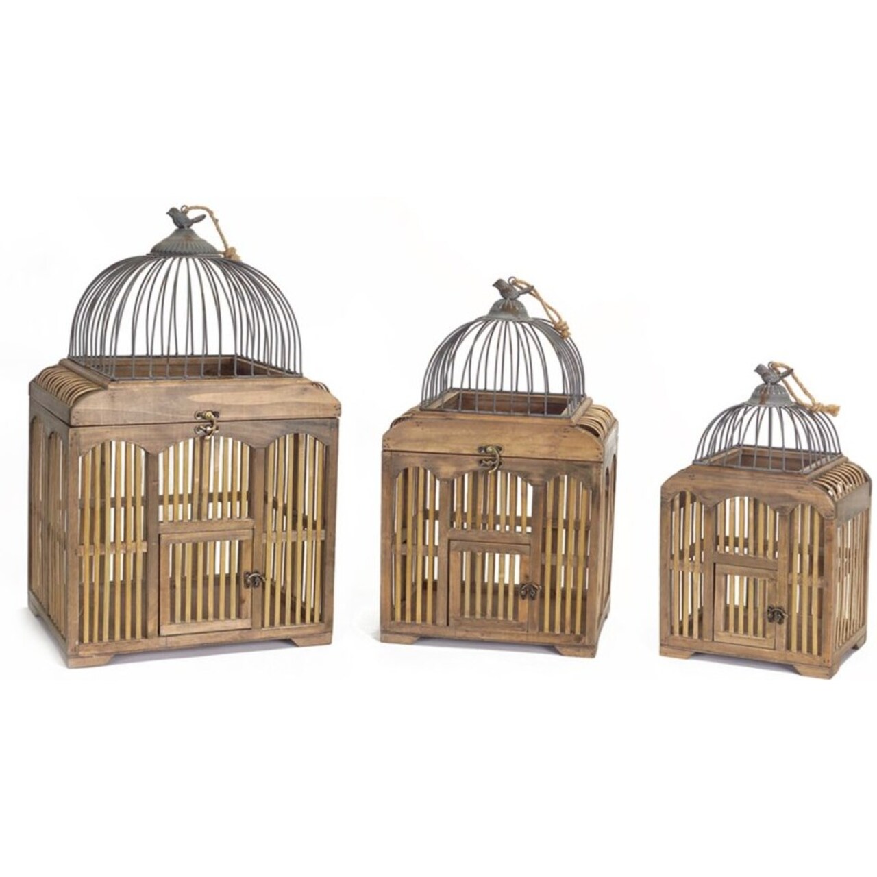 Melrose Geometric Wooden Outdoor Birdcage Decorations - 25.25” - Brown - Set of 3